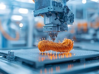 Poster - An AI-driven factory producing conductive metal wires, robotic efficiency, glowing coils, futuristic manufacturing process