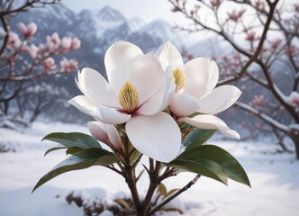 Rare magnolia sulanja flower amidst the snow-covered landscape, delicate, peaceful