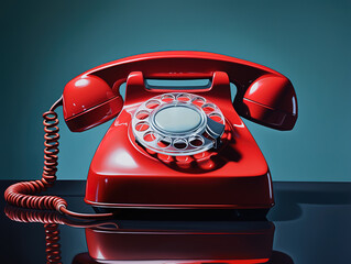 Luxurious Old red telephone handset hanging on a blue surface