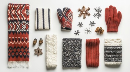 Poster - Colorful winter accessories such as gloves and scarves are arranged with snowflakes on a white background, creating a cozy atmosphere. Generative AI