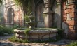 © Saksakon - Dusty fountain with broken tiles and moss-covered walls, forgotten, tiles, broken