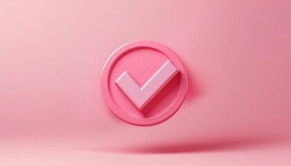 Poster - A glossy pink checkmark icon on a soft pink background, symbolizing approval or validation in a minimalist design.