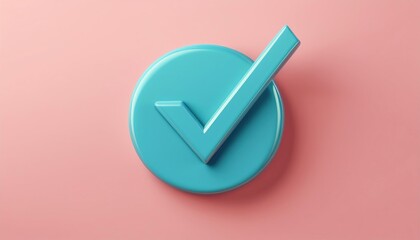 Poster - A turquoise check mark on a round background, symbolizing approval and success, contrasts against a soft pink backdrop.
