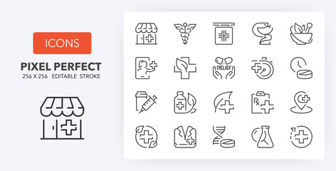 line icons about pharmacy and medication. contains such icons as treatments, naturophaty, dose and m