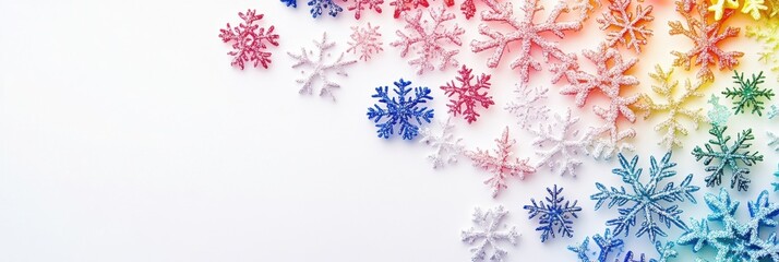 Poster - Intricate snowflakes in a rainbow of colors scatter across a blank canvas, bringing an artistic flair to winter celebrations and decorations. Generative AI