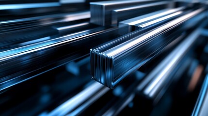 Leinwandbilder - Abstract Metal Bars with Blue Lighting in Dynamic Perspective View