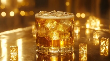 Poster - Refreshing Glass of Golden Beverage with Ice on Shiny Surface