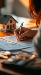 Aufkleber - Real estate agent is filling out property purchase agreement documents with miniature house model and calculator on the table at sunset