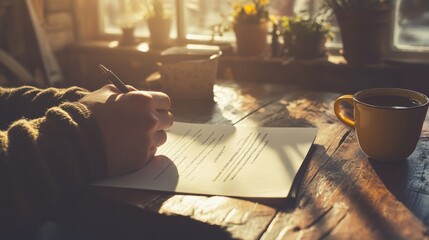 Aufkleber - Woman is signing a contract or other important document at her cozy wooden table, with a warm cup of coffee nearby and soft sunlight streaming through the window
