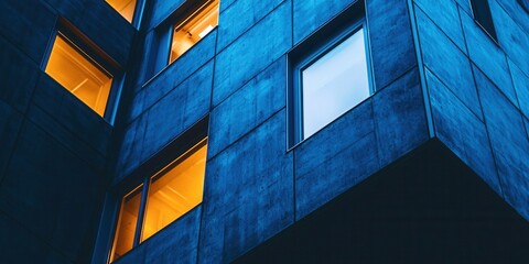 Poster - Building with a blue exterior and yellow windows