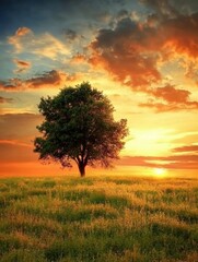 Poster - A solitary tree stands proudly in a vast field as the sun sets, casting vibrant hues across the sky and illuminating the landscape. Generative AI