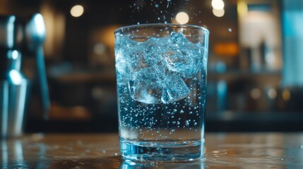 Poster - Glass of Water with Ice Cubes Splashing in a Bar Setting
