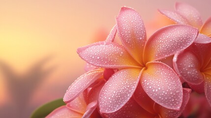 Poster - Close-Up of Dew-Kissed Pink Plumeria Flowers with Soft Background