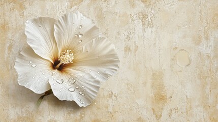 Poster - Elegant White Flower with Water Droplets on Textured Background