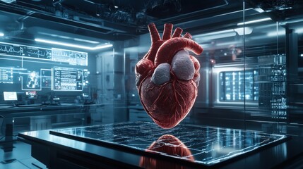 Poster - 3d heart model in a futuristic lab setting