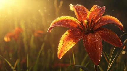 Aufkleber - Vibrant Orange Lily Flower Glistening with Morning Dew
