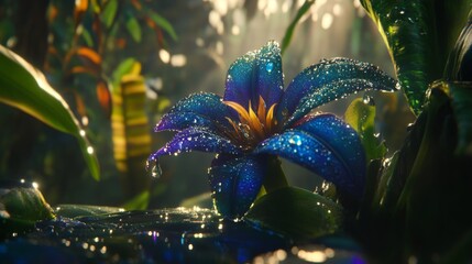 Poster - Vibrant Blue Flower with Dew Drops in Lush Green Environment