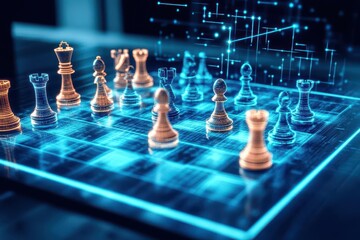 Leinwandbilder - A chessboard made of shifting holographic tiles, representing strategy, surrounded by glowing data streams, cyberpunk style, deep blue and neon accents