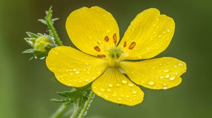 Poster - Close-Up of Vibrant Yellow Flower with Dew on Petals and Leaves