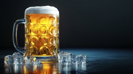 Poster - Refreshing Cold Beer in Glass Mug with Ice Cubes on Table