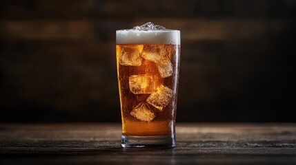 Poster - Refreshing Glass of Chilled Beer with Ice Cubes on Wooden Table