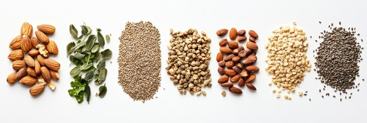 Poster - A collection of organic seeds, nuts, and herbs is arranged neatly on a white surface, leaving ample space for text and branding. Generative AI