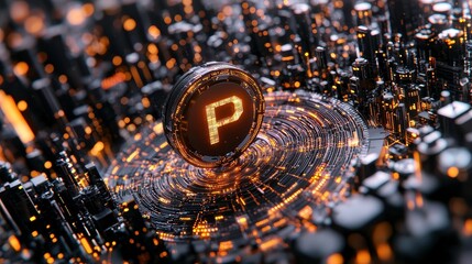 Fototapete - Exploring Digital Innovations A Futuristic Cityscape with Glowing P Symbol Urban Environment Aerial View Technology Concept