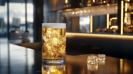 Poster - Refreshing Cold Beer with Ice Cubes in Modern Bar Interior Setting