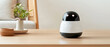 © JK_kyoto - sleek robotic pet with expressive LED eyes sits on wooden table, surrounded by plant and minimalist decor, adding modern touch to living space