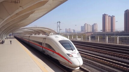 Poster - High-speed train at modern railway station in urban setting