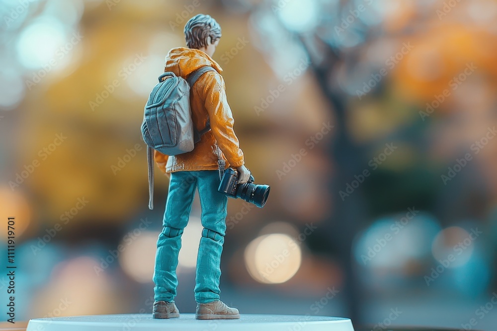 A small figure represents a young man wearing a yellow jacket and a backpack. He holds a camera and stands in a park filled with autumn colors, capturing the beauty around him.