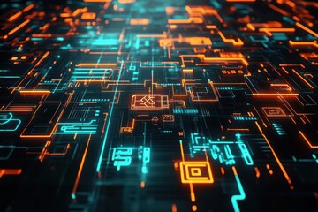 Fototapete - A cyber maze with glowing circuits and digital glyphs, sleek metallic textures, 3D rendering, orange and teal lighting, hightech ambiance