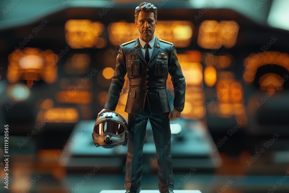 A detailed pilot figure poses with a helmet in a cockpit filled with illuminated panels and instruments, capturing a moment of readiness and focus on a flight mission.