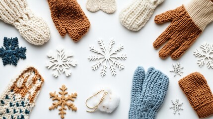 Poster - Cozy winter accessories including gloves and scarves are arranged with snowflakes on a white background, offering a creative blank space. Generative AI