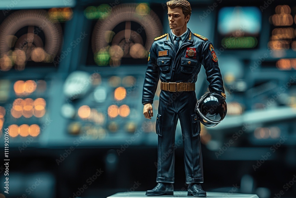 A detailed pilot figurine is positioned inside a cockpit, surrounded by control panels and instruments. The scene captures the anticipation of a flight, showcasing the pilots uniform and helmet.