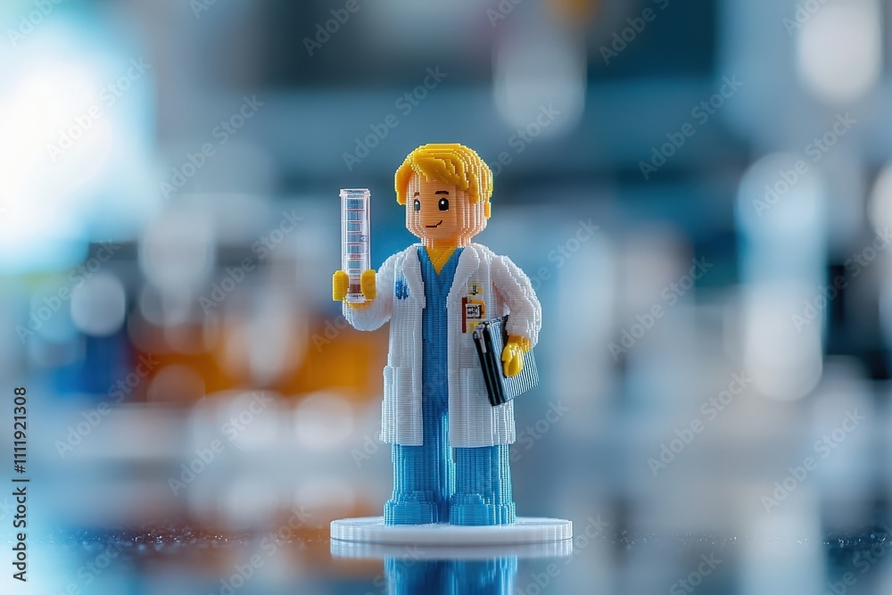 A colorful scientist figurine stands in a bright laboratory, holding a test tube in one hand and a clipboard in the other, surrounded by various scientific equipment.
