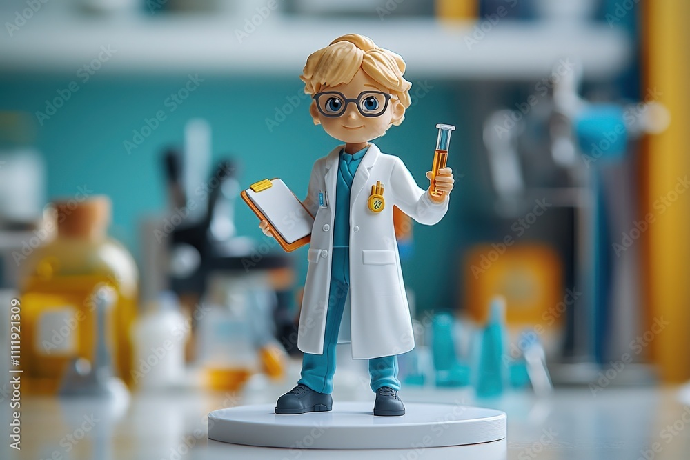 A cheerful scientist figurine stands on a display, holding a test tube in one hand and a clipboard in the other.