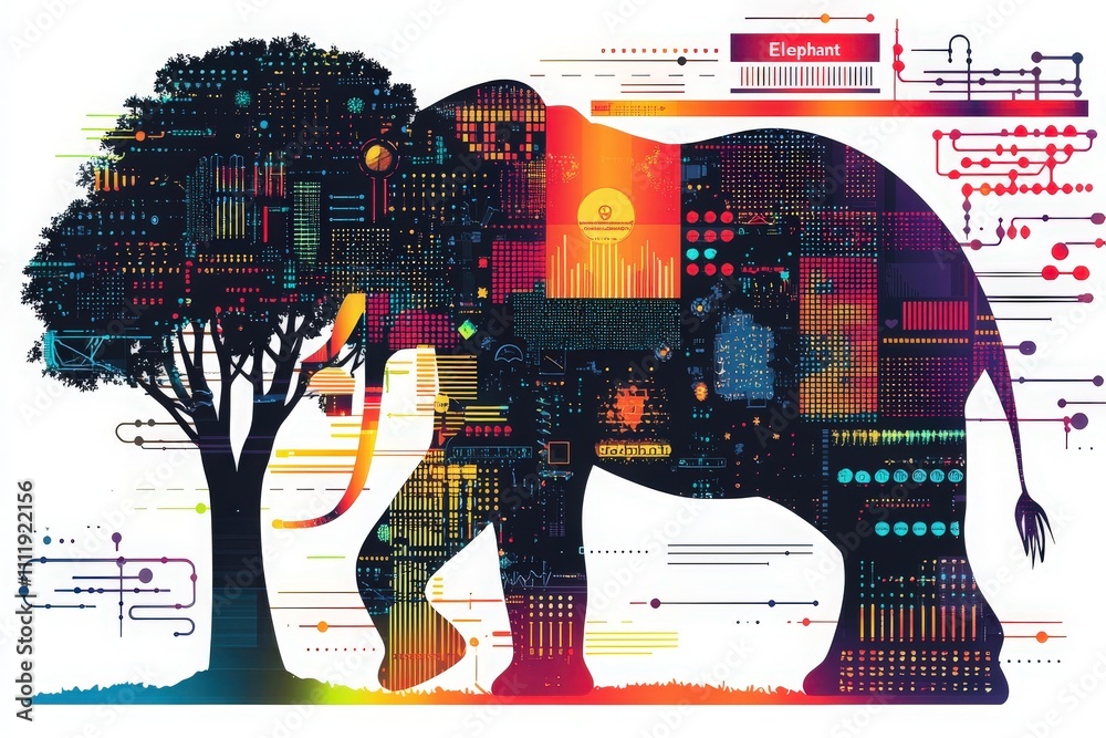 A vibrant artwork showcases an elephant next to a tree, blending organic forms with abstract technological elements. Colors and patterns symbolize harmony between nature and innovation.