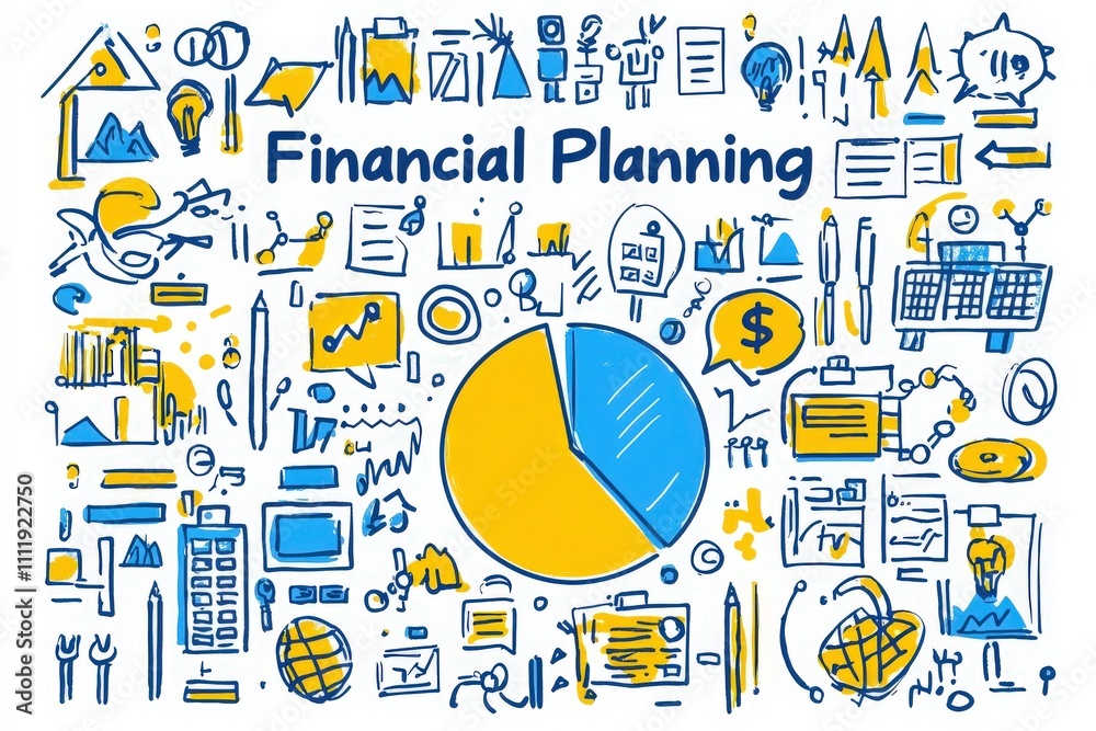 Various doodles and icons illustrate financial planning concepts, featuring charts, calculators, and graphs in bright colors. All elements combine to create an engaging and educational visual.