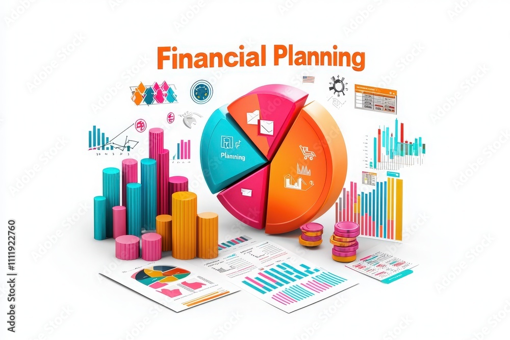 Colorful charts and graphs are displayed alongside colorful bars and pie charts, illustrating various aspects of financial planning. Data visualizations and reports are arranged for analysis.