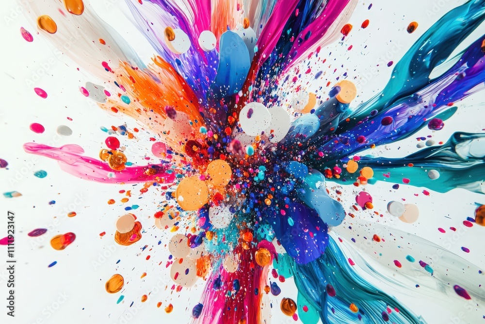 A dynamic burst of vibrant colors combines paint splashes and dots, creating an explosion of artistic expression. The bright hues swirl together on a white background, showcasing creativity.