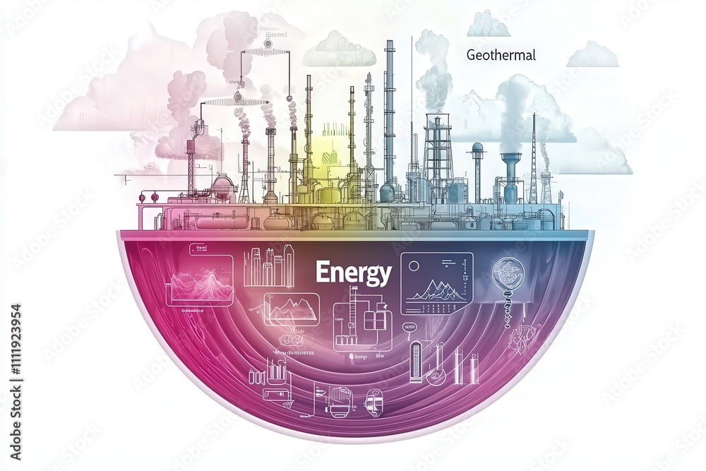 This depiction showcases a modern energy facility illustrating geothermal energy alongside other energy sources. It highlights the integration of technology and sustainable energy practices.