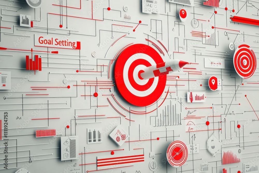 Conceptual artwork illustrating goal setting with vibrant targets, arrows, and analytical charts. Red and white color scheme emphasizes focus on objectives and performance metrics in a dynamic way.