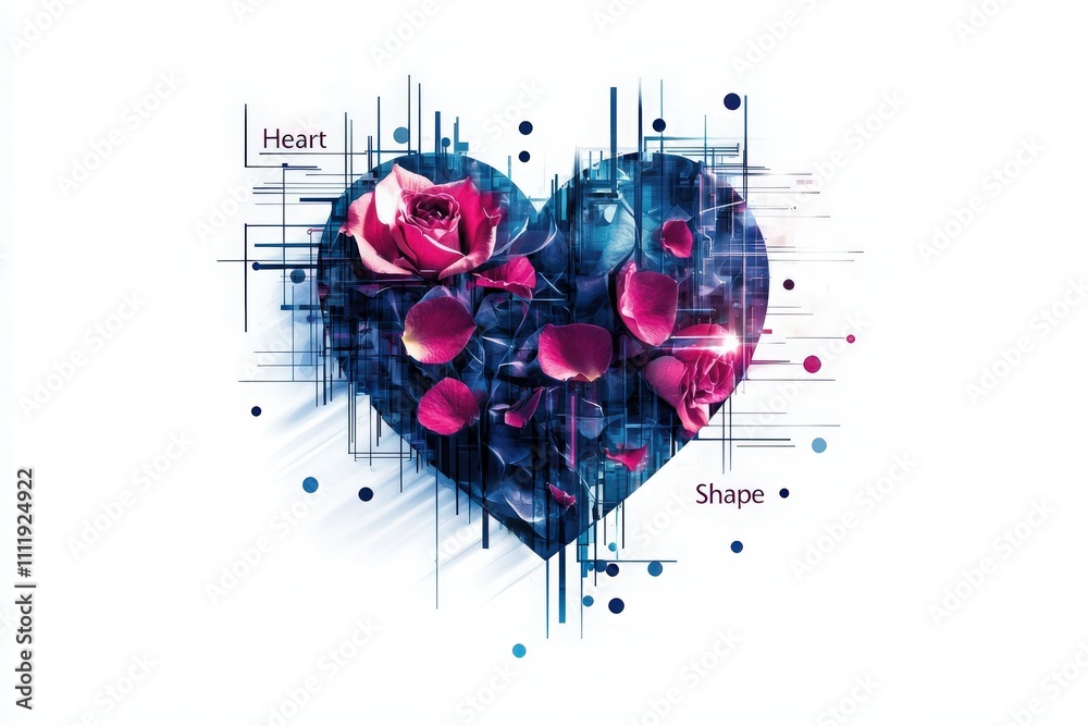 A modern heart shape composed of vibrant blue tones, adorned with rose petals and abstract patterns. This artistic design blends nature with technology, creating a striking visual.