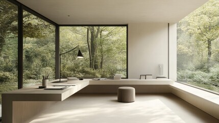 Poster - Modern Minimalist Office Interior with Nature View and Natural Light