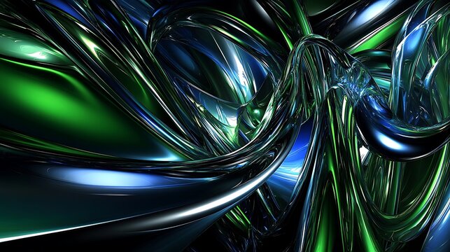 Abstract Swirling Green and Blue Liquid Metal Digital Art: A Symphony of Color and Form