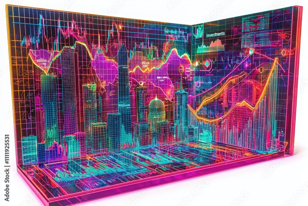 Bright neon graphics illustrate complex investment data, showcasing trends and analytics. The visualization captures market fluctuations in a vibrant urban setting, emphasizing financial growth.