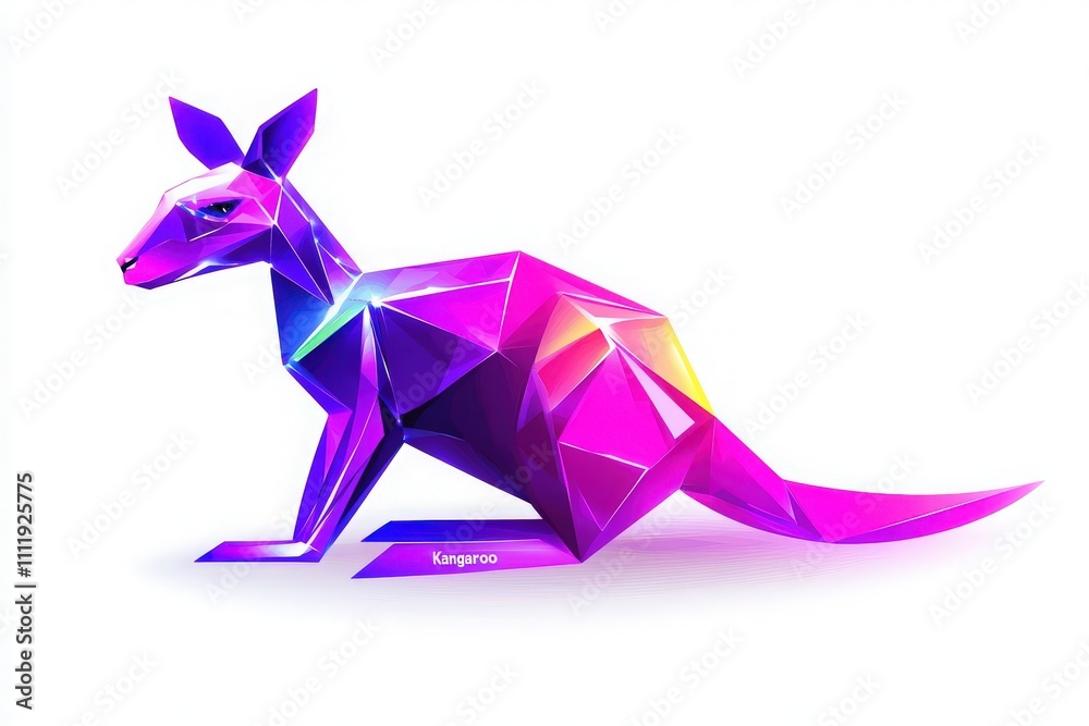 A stylized kangaroo is designed with vibrant colors and sharp geometric shapes. The artwork emphasizes modern artistic flair and bright hues, creating a lively and dynamic visual experience.