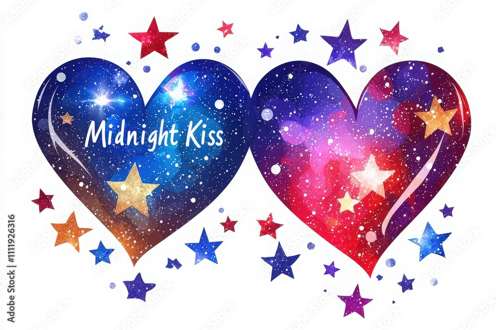Two vibrant hearts filled with stars and cosmic patterns represent romance, connection, and joy. The words outline a special celebration, creating an enchanting atmosphere of love.
