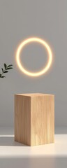 Wall Mural - A wooden pedestal displays a glowing circle above it, creating a serene and modern aesthetic with a touch of nature in the background.